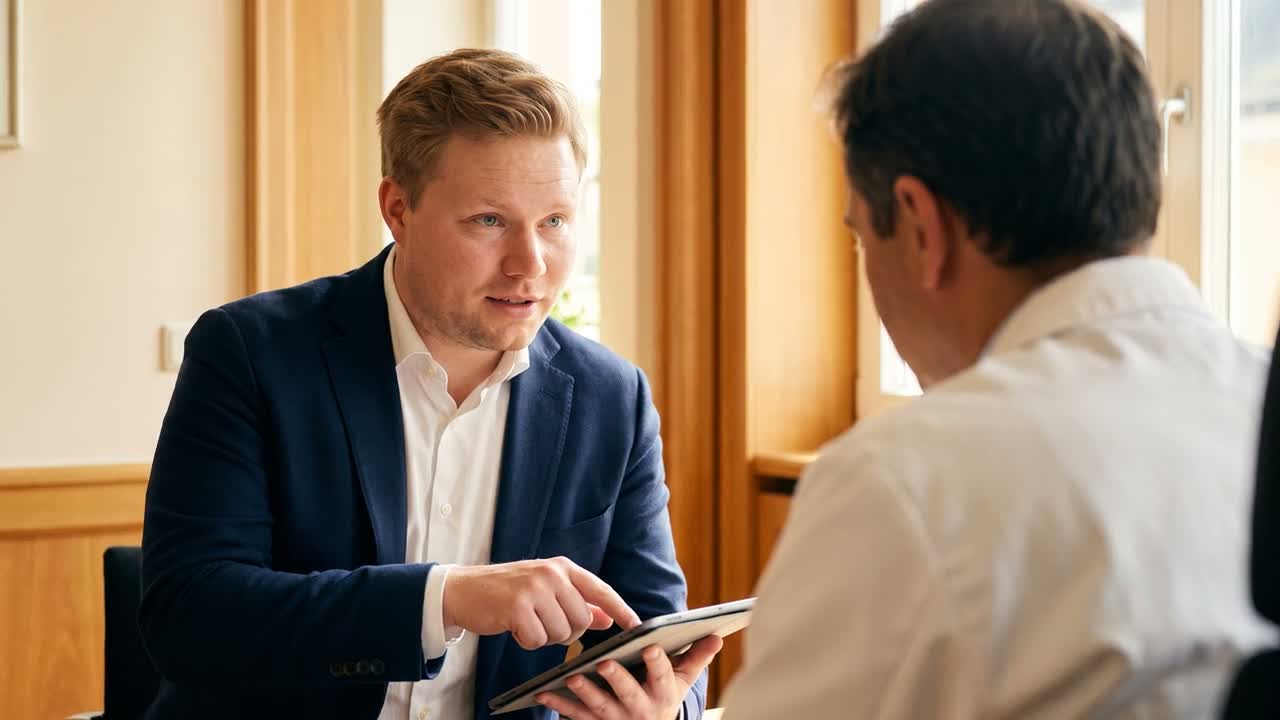 med-IQM-Trainer im Gespräch mit einem Arzt — das Tablet verbindet KI und Rollenalltag