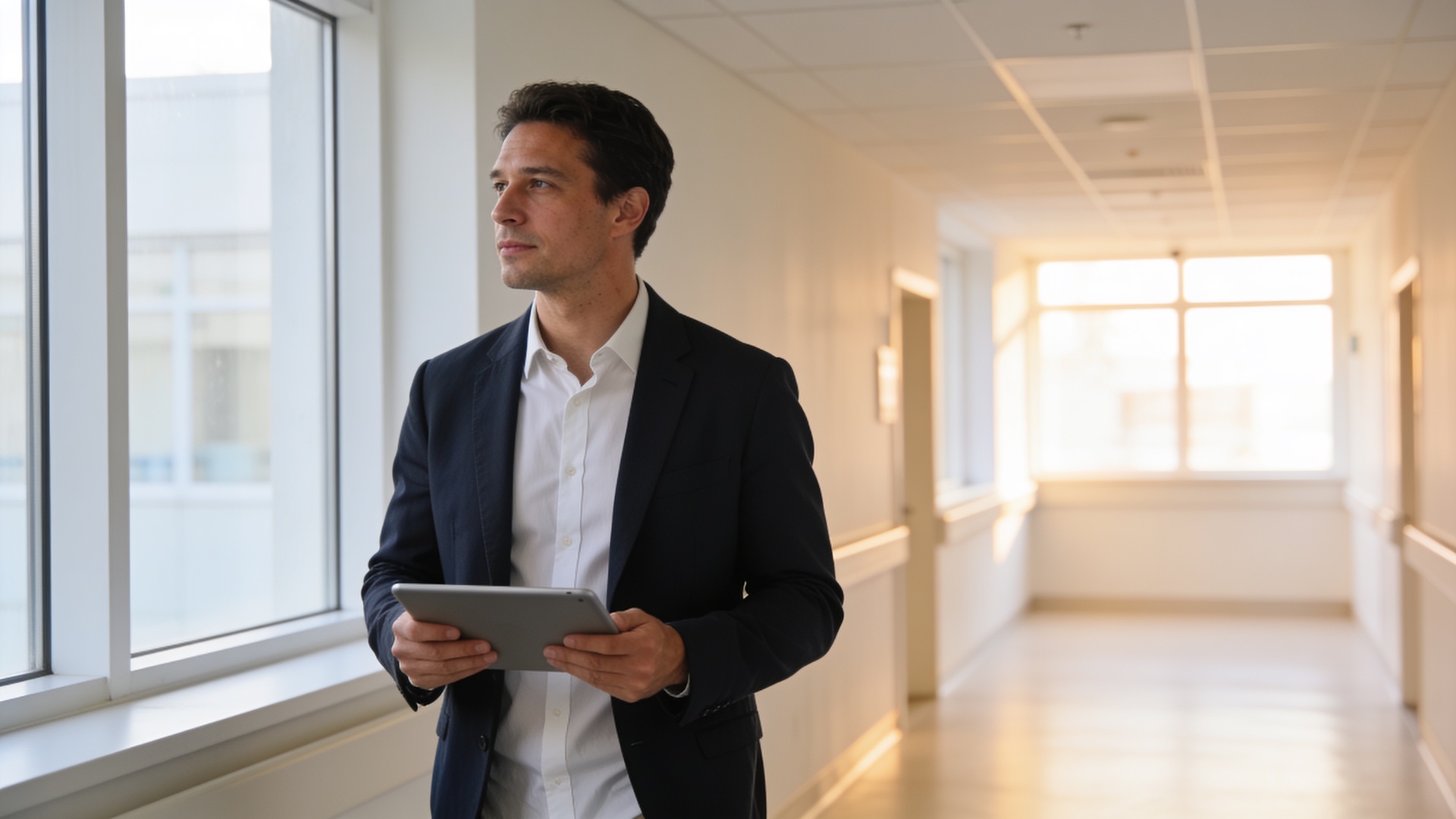 med IQM Berater geht entschlossen durch einen hellen, modernen Klinikkorridor