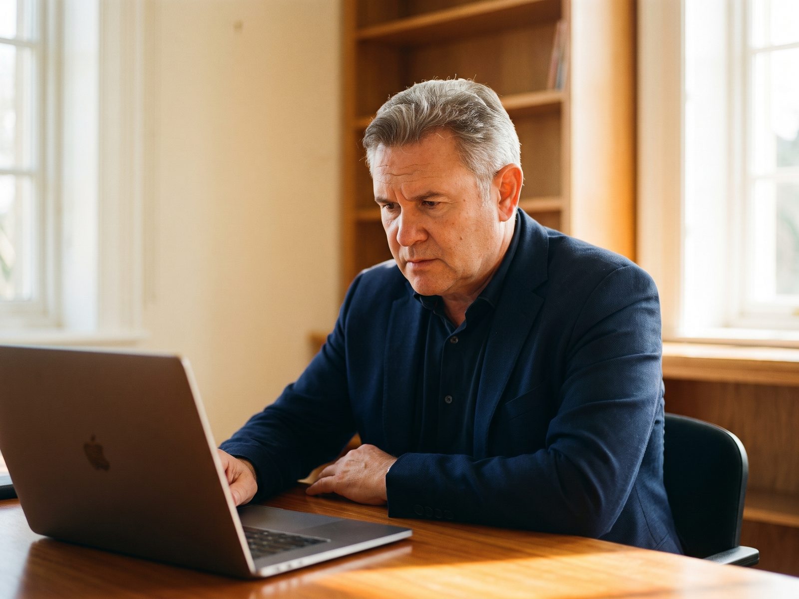 Pharma-Profi arbeitet im Rollenalltag mit KI am Laptop — Applied AI bei med IQM